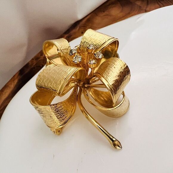 Vintage 3d Brooch Large Ribbon Bow Textured Gold Tone 4313 - Picture 3 of 9